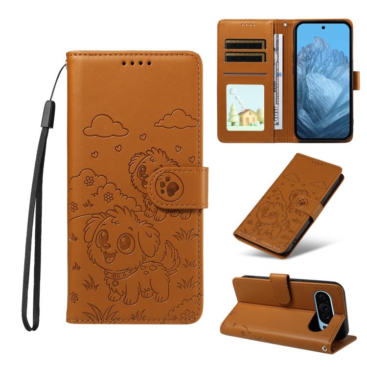 For Google Pixel 10 Pro XL / 9 Pro XL Embossed Heart Dog RFID Blocking Wallet Leather Phone Case(Brown) - Google Cases by buy2fix | Online Shopping UK | buy2fix