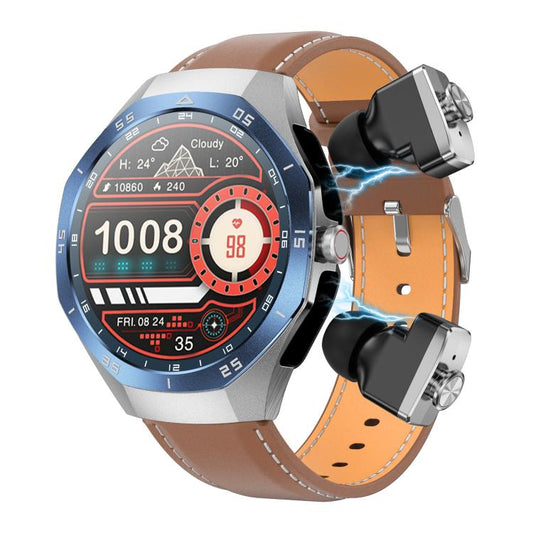 F38 Dual-ear Bluetooth Earphone Smart Watch IP67 Supports Heart Rate Monitoring, Watchband:Leather(Silver) - Smart Watches by buy2fix | Online Shopping UK | buy2fix