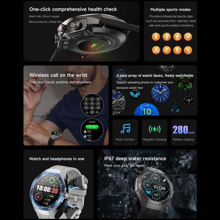 F38 Dual-ear Bluetooth Earphone Smart Watch IP67 Supports Heart Rate Monitoring, Watchband:Silicone(Silver) - Smart Watches by buy2fix | Online Shopping UK | buy2fix