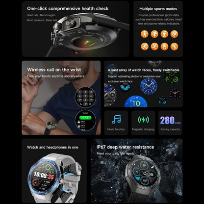 F38 Dual-ear Bluetooth Earphone Smart Watch IP67 Supports Heart Rate Monitoring, Watchband:Leather(Black) - Smart Watches by buy2fix | Online Shopping UK | buy2fix