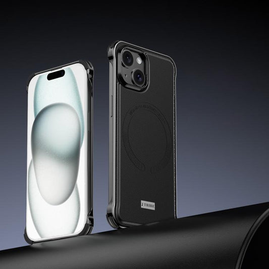 For iPhone 15 J TRIBE Metal Frameless Plain Leather MagSafe Phone Case(Black) - iPhone 15 Cases by buy2fix | Online Shopping UK | buy2fix