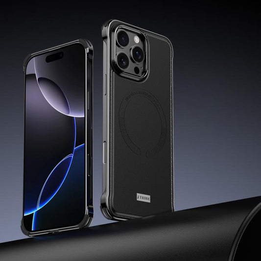 For iPhone 15 Pro J TRIBE Metal Frameless Plain Leather MagSafe Phone Case(Black) - iPhone 15 Pro Cases by buy2fix | Online Shopping UK | buy2fix