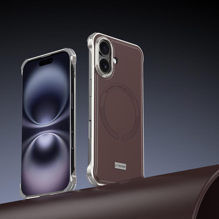 For iPhone 16 J TRIBE Metal Frameless Plain Leather MagSafe Phone Case(Brown) - iPhone 16 Cases by buy2fix | Online Shopping UK | buy2fix