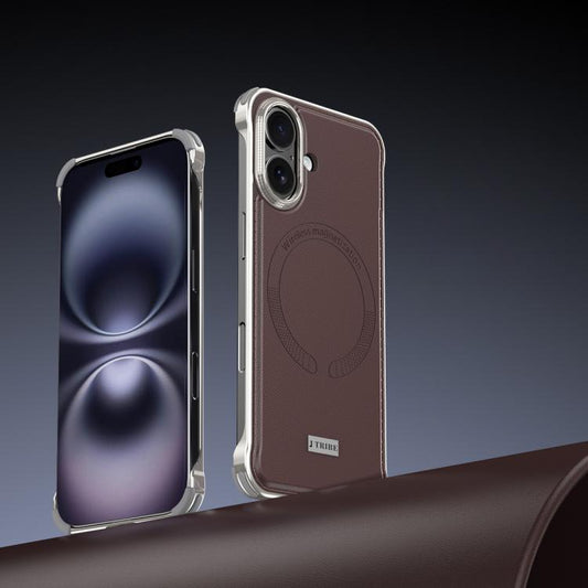 For iPhone 16 J TRIBE Metal Frameless Plain Leather MagSafe Phone Case(Brown) - iPhone 16 Cases by buy2fix | Online Shopping UK | buy2fix