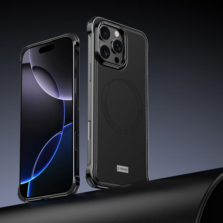 For iPhone 16 Pro J TRIBE Metal Frameless Plain Leather MagSafe Phone Case(Black) - iPhone 16 Pro Cases by buy2fix | Online Shopping UK | buy2fix