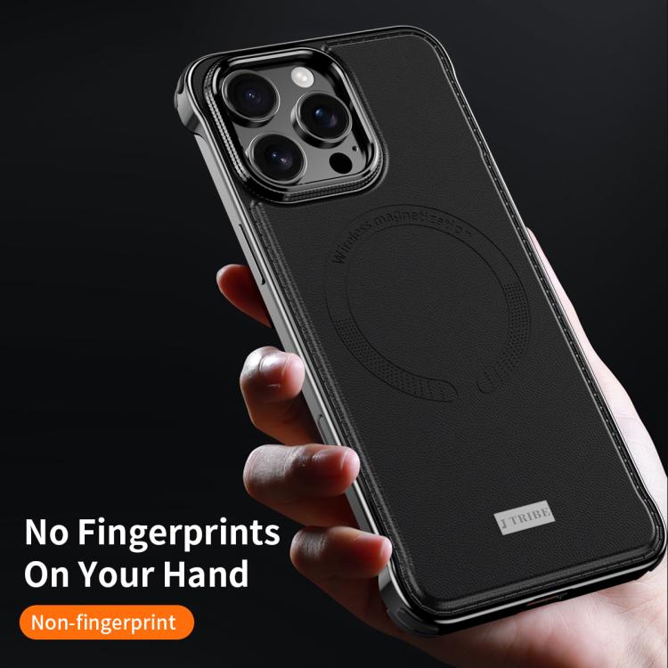 For iPhone 15 J TRIBE Metal Frameless Plain Leather MagSafe Phone Case(Black) - iPhone 15 Cases by buy2fix | Online Shopping UK | buy2fix
