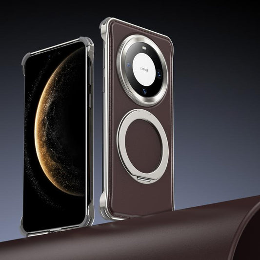 For Huawei Mate 60 Metal Frameless Plain Leather MagSafe Holder Phone Case(Brown) - Huawei Cases by buy2fix | Online Shopping UK | buy2fix