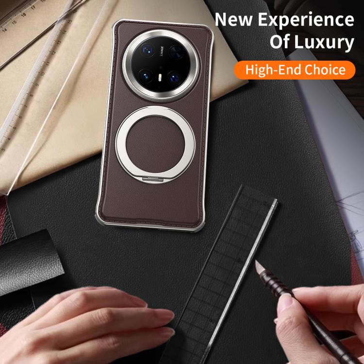 For Huawei Mate 60 Pro+ Metal Frameless Plain Leather MagSafe Holder Phone Case(Brown) - Huawei Cases by buy2fix | Online Shopping UK | buy2fix