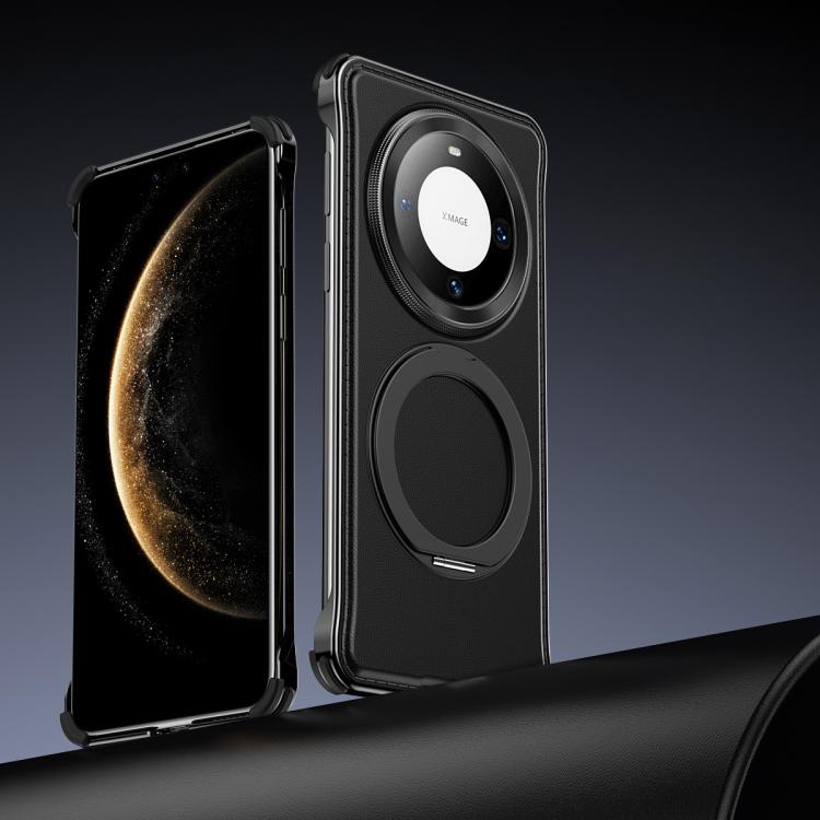 For Huawei Mate 60 Pro+ Metal Frameless Plain Leather MagSafe Holder Phone Case(Black) - Huawei Cases by buy2fix | Online Shopping UK | buy2fix