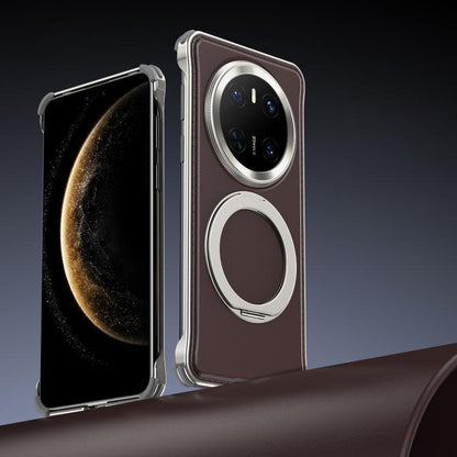 For Huawei Mate 70 Metal Frameless Plain Leather MagSafe Holder Phone Case(Brown) - Huawei Cases by buy2fix | Online Shopping UK | buy2fix