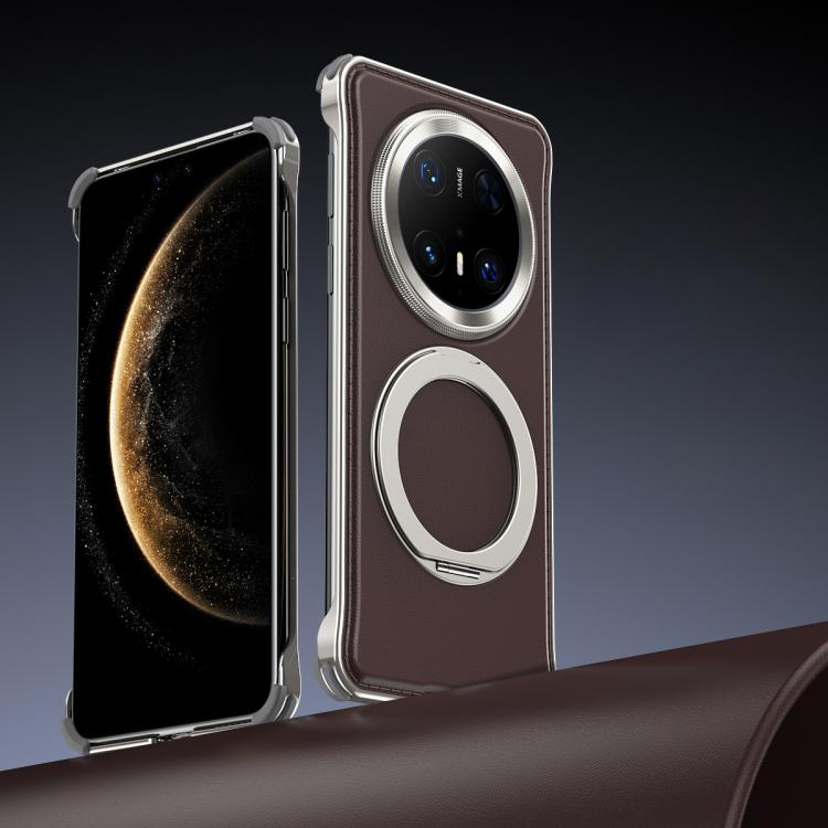 For Huawei Mate 70 Pro+ Metal Frameless Plain Leather MagSafe Holder Phone Case(Brown) - Huawei Cases by buy2fix | Online Shopping UK | buy2fix