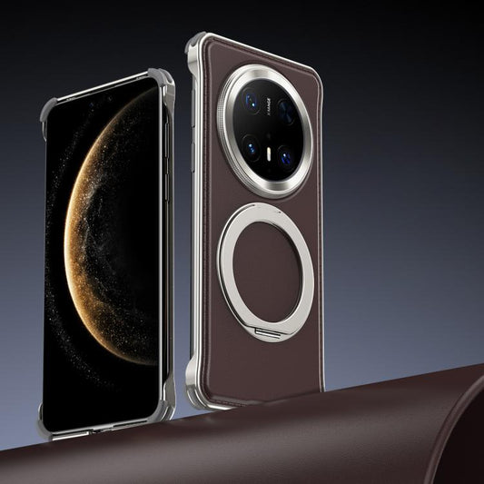 For Huawei Mate 70 Pro+ Metal Frameless Plain Leather MagSafe Holder Phone Case(Brown) - Huawei Cases by buy2fix | Online Shopping UK | buy2fix