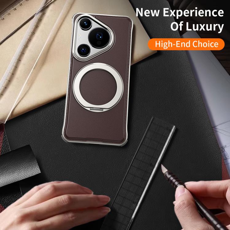 For Huawei Pura 70 Metal Frameless Plain Leather MagSafe Holder Phone Case(Brown) - Huawei Cases by buy2fix | Online Shopping UK | buy2fix
