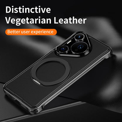 For Huawei Pura 70 Metal Frameless Plain Leather MagSafe Holder Phone Case(Black) - Huawei Cases by buy2fix | Online Shopping UK | buy2fix