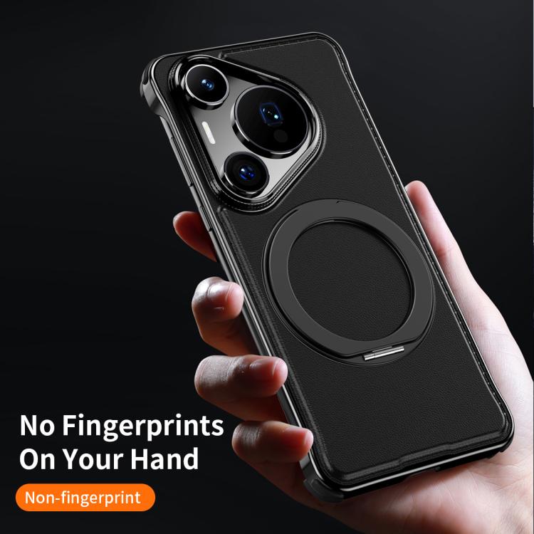 For Huawei Pura 70 Metal Frameless Plain Leather MagSafe Holder Phone Case(Black) - Huawei Cases by buy2fix | Online Shopping UK | buy2fix