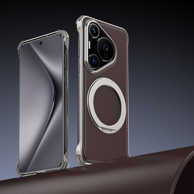 For Huawei Pura 70 Pro Metal Frameless Plain Leather MagSafe Holder Phone Case(Brown) - Huawei Cases by buy2fix | Online Shopping UK | buy2fix