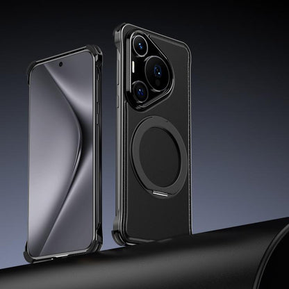 For Huawei Pura 70 Pro Metal Frameless Plain Leather MagSafe Holder Phone Case(Black) - Huawei Cases by buy2fix | Online Shopping UK | buy2fix