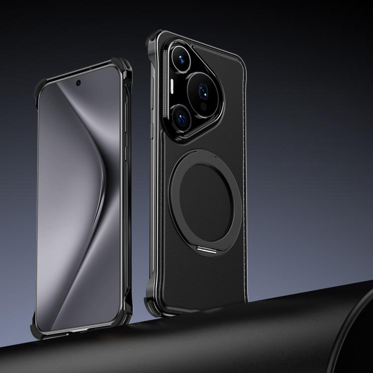 For Huawei Pura 70 Pro+ Metal Frameless Plain Leather MagSafe Holder Phone Case(Black) - Huawei Cases by buy2fix | Online Shopping UK | buy2fix