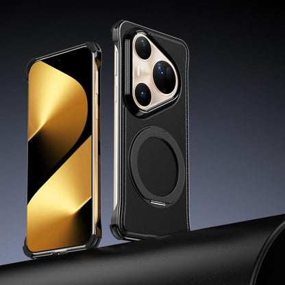 For Huawei Pura 80 Ultra 5G Metal Frameless Plain Leather MagSafe Holder Phone Case(Black) - Huawei Cases by buy2fix | Online Shopping UK | buy2fix