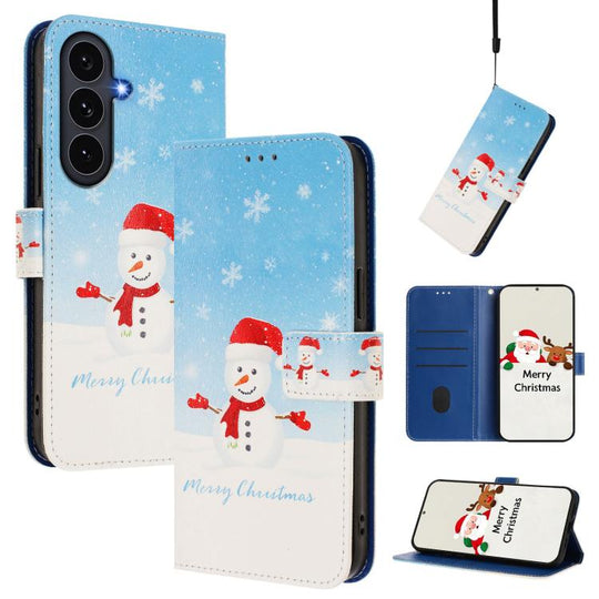 For Samsung Galaxy S25 FE 5G Christmas Series Buckle Leather Phone Case with Hand Strap(Snowflake Snowman)