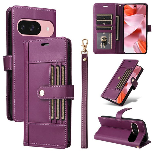 For Google Pixel 9 / 9 Pro / 10 / 10 Pro Six Card Slots Buckle Leather Phone Case with Lanyard(Purple) - Google Cases by buy2fix | Online Shopping UK | buy2fix