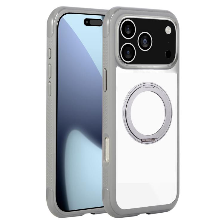 For iPhone 17 Pro Max Solid Color Edge Transparency Rotation Holder MagSafe Phone Case(Grey) - iPhone 17 Pro Max Cases by buy2fix | Online Shopping UK | buy2fix
