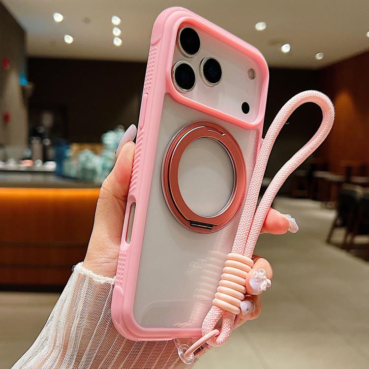For iPhone 17 Pro Max Solid Color Edge Transparency Rotation Holder MagSafe Phone Case with Wrist Strap(Pink) - iPhone 17 Pro Max Cases by buy2fix | Online Shopping UK | buy2fix