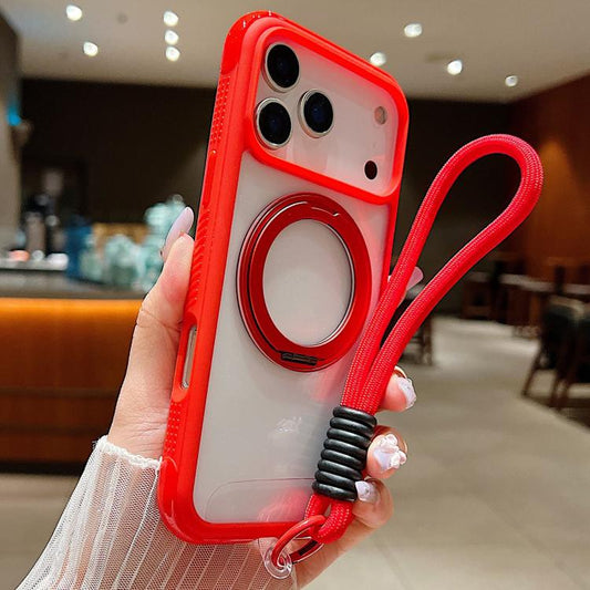 For iPhone 17 Pro Max Solid Color Edge Transparency Rotation Holder MagSafe Phone Case with Wrist Strap(Red) - iPhone 17 Pro Max Cases by buy2fix | Online Shopping UK | buy2fix