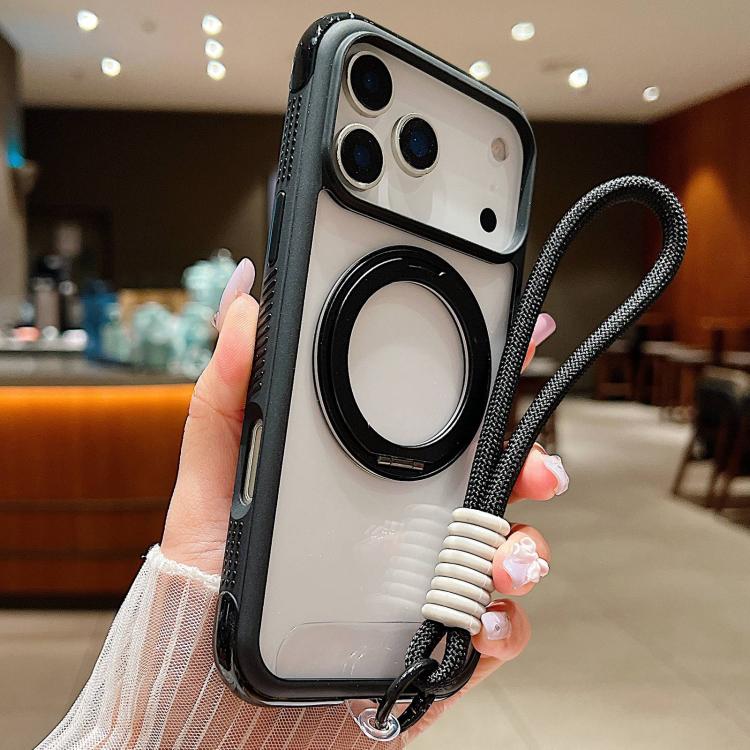 For iPhone 17 Pro Max Solid Color Edge Transparency Rotation Holder MagSafe Phone Case with Wrist Strap(Black) - iPhone 17 Pro Max Cases by buy2fix | Online Shopping UK | buy2fix