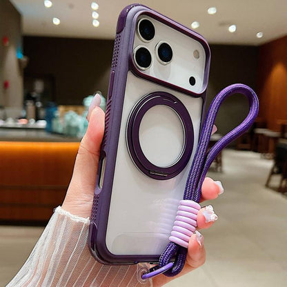 For iPhone 17 Pro Solid Color Edge Transparency Rotation Holder MagSafe Phone Case with Wrist Strap(Dark Purple) - iPhone 17 Pro Cases by buy2fix | Online Shopping UK | buy2fix