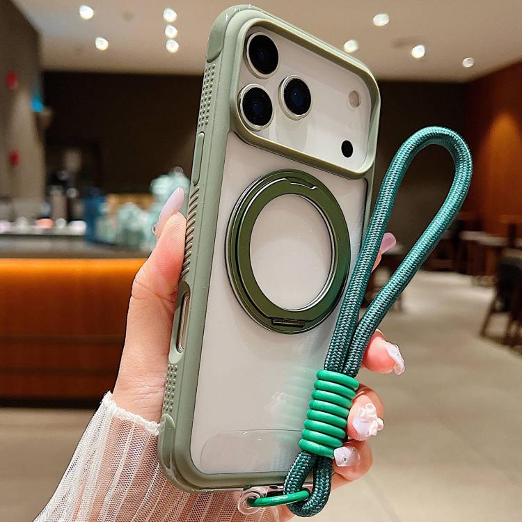 For iPhone 17 Pro Solid Color Edge Transparency Rotation Holder MagSafe Phone Case with Wrist Strap(Army Green) - iPhone 17 Pro Cases by buy2fix | Online Shopping UK | buy2fix