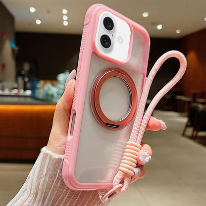 For iPhone 17 Solid Color Edge Transparency Rotation Holder MagSafe Phone Case with Wrist Strap(Pink) - iPhone 17 Cases by buy2fix | Online Shopping UK | buy2fix