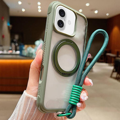 For iPhone 17 Solid Color Edge Transparency Rotation Holder MagSafe Phone Case with Wrist Strap(Army Green) - iPhone 17 Cases by buy2fix | Online Shopping UK | buy2fix