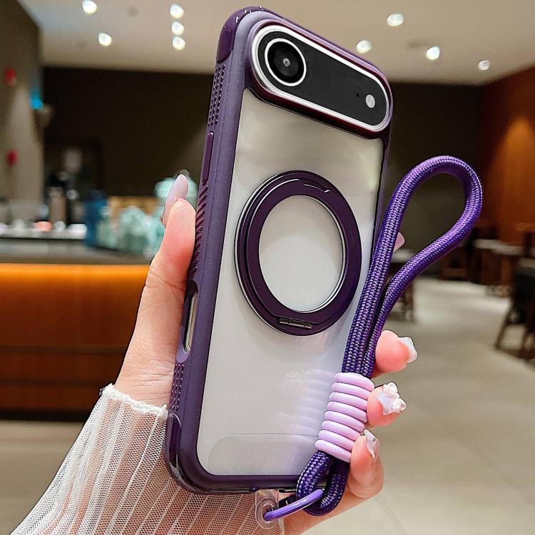 For iPhone Air Solid Color Edge Transparency Rotation Holder MagSafe Phone Case with Wrist Strap(Dark Purple) - iPhone Air Cases by buy2fix | Online Shopping UK | buy2fix