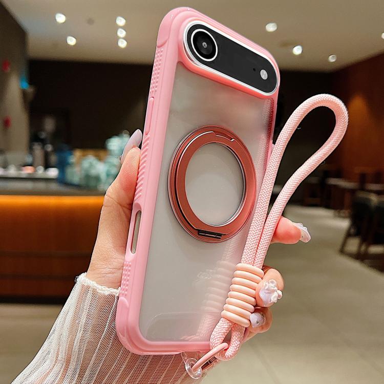 For iPhone Air Solid Color Edge Transparency Rotation Holder MagSafe Phone Case with Wrist Strap(Pink) - iPhone Air Cases by buy2fix | Online Shopping UK | buy2fix