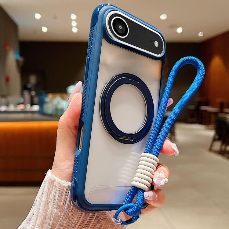 For iPhone Air Solid Color Edge Transparency Rotation Holder MagSafe Phone Case with Wrist Strap(Royal Blue) - iPhone Air Cases by buy2fix | Online Shopping UK | buy2fix