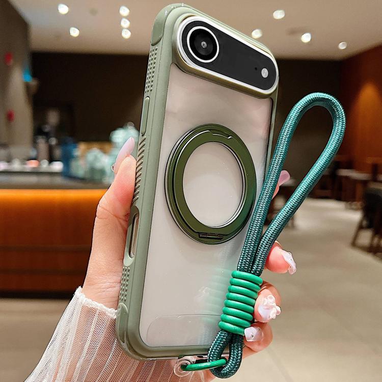 For iPhone Air Solid Color Edge Transparency Rotation Holder MagSafe Phone Case with Wrist Strap(Army Green) - iPhone Air Cases by buy2fix | Online Shopping UK | buy2fix