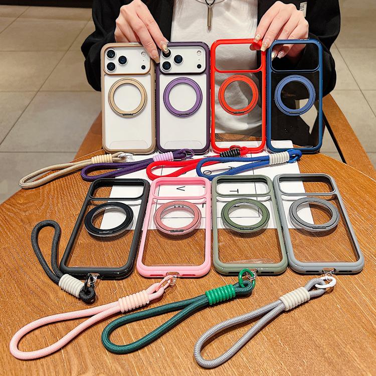 For iPhone Air Solid Color Edge Transparency Rotation Holder MagSafe Phone Case with Wrist Strap(Dark Purple) - iPhone Air Cases by buy2fix | Online Shopping UK | buy2fix