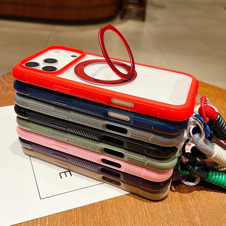 For iPhone 17 Pro Max Solid Color Edge Transparency Rotation Holder MagSafe Phone Case with Wrist Strap(Red) - iPhone 17 Pro Max Cases by buy2fix | Online Shopping UK | buy2fix