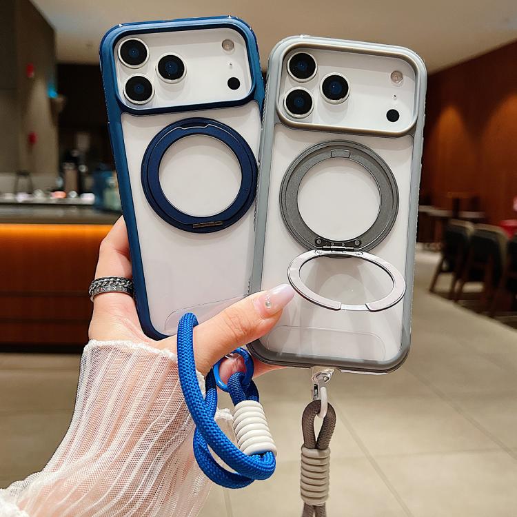 For iPhone Air Solid Color Edge Transparency Rotation Holder MagSafe Phone Case with Wrist Strap(Grey) - iPhone Air Cases by buy2fix | Online Shopping UK | buy2fix