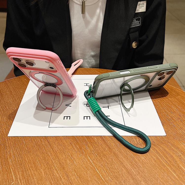 For iPhone 17 Solid Color Edge Transparency Rotation Holder MagSafe Phone Case with Wrist Strap(Army Green) - iPhone 17 Cases by buy2fix | Online Shopping UK | buy2fix