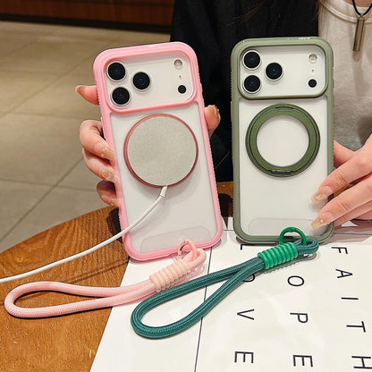 For iPhone 17 Pro Max Solid Color Edge Transparency Rotation Holder MagSafe Phone Case with Wrist Strap(Black) - iPhone 17 Pro Max Cases by buy2fix | Online Shopping UK | buy2fix