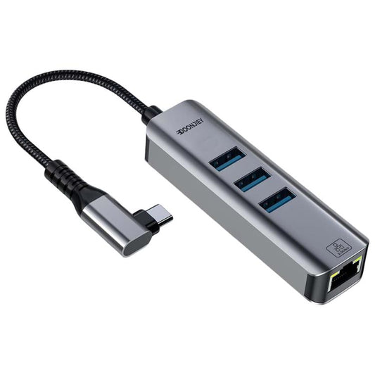 USB -C / Type-C Elbow to RJ45 and 3 x USB-A Aluminum Alloy Shell HUB Adapter Expander(Grey) - USB HUB by buy2fix | Online Shopping UK | buy2fix