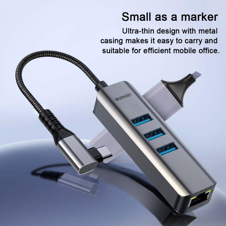 USB -C / Type-C Elbow to RJ45 and 3 x USB-A Aluminum Alloy Shell HUB Adapter Expander(Grey) - USB HUB by buy2fix | Online Shopping UK | buy2fix