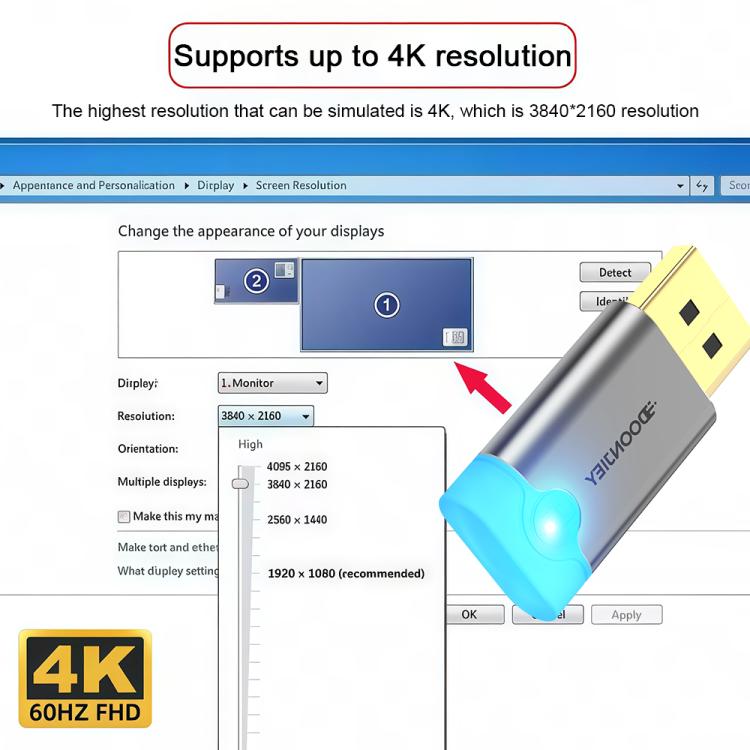 DOONJIEY DisplayPort Interface Graphics Card Spoofer Display Emulator Virtual Monitor with Indicator Light(Silver) -  by buy2fix | Online Shopping UK | buy2fix