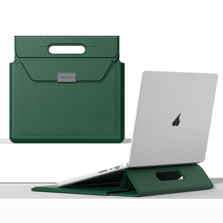 For 13 / 14 inch Handle Portable Laptop Briefcase PU Leather Laptop Sleeve with Foldable Stand(Dark Green) - Other by buy2fix | Online Shopping UK | buy2fix