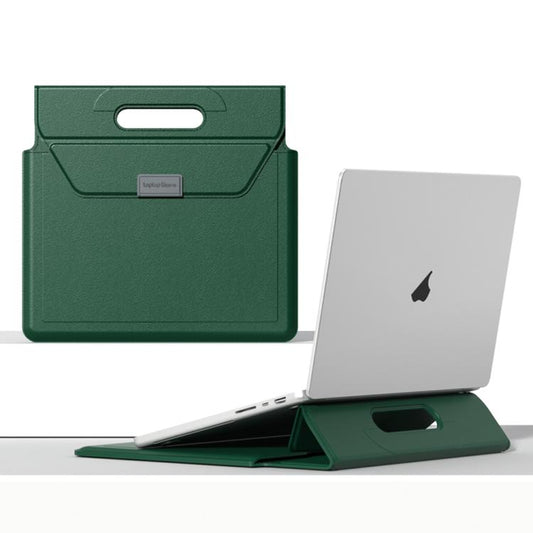 For 13 / 14 inch Handle Portable Laptop Briefcase PU Leather Laptop Sleeve with Foldable Stand(Dark Green) - Other by buy2fix | Online Shopping UK | buy2fix