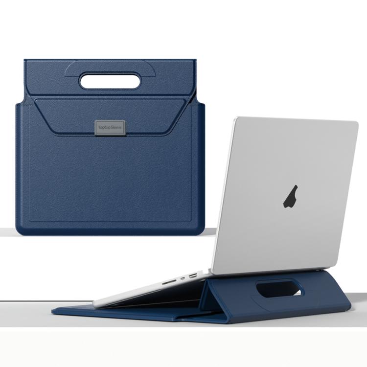 For 13 / 14 inch Handle Portable Laptop Briefcase PU Leather Laptop Sleeve with Foldable Stand(Dark Blue) - Other by buy2fix | Online Shopping UK | buy2fix