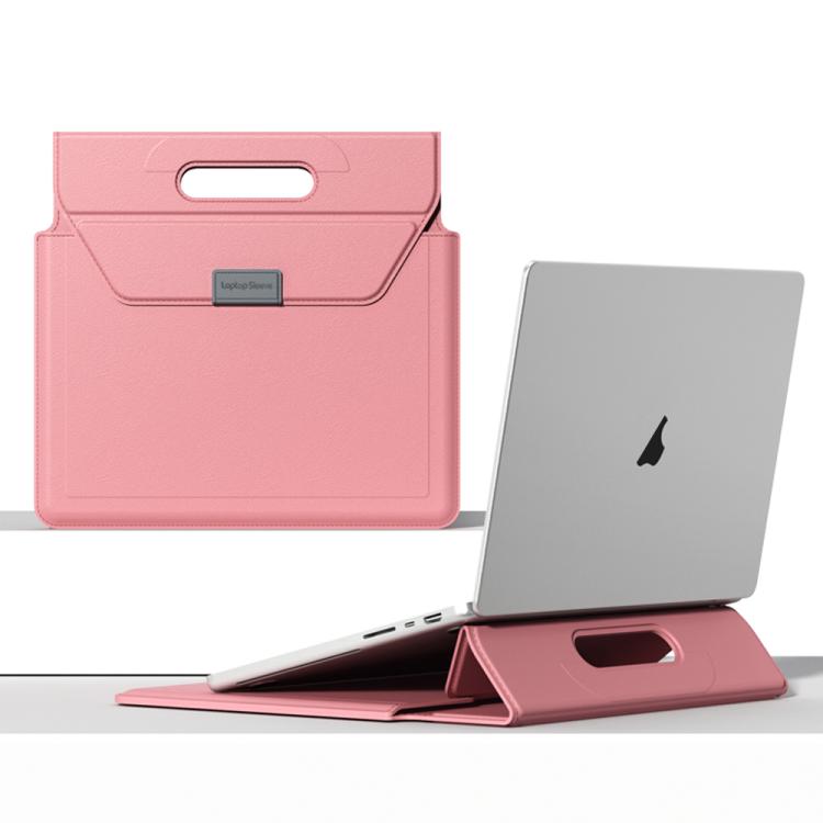For 13 / 14 inch Handle Portable Laptop Briefcase PU Leather Laptop Sleeve with Foldable Stand(Pink) - Other by buy2fix | Online Shopping UK | buy2fix