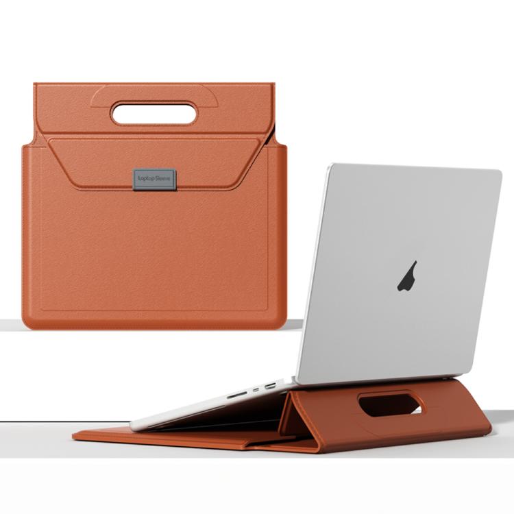 For 15 / 16.1 inch Handle Portable Laptop Briefcase PU Leather Laptop Sleeve with Foldable Stand(Brown) - Other by buy2fix | Online Shopping UK | buy2fix